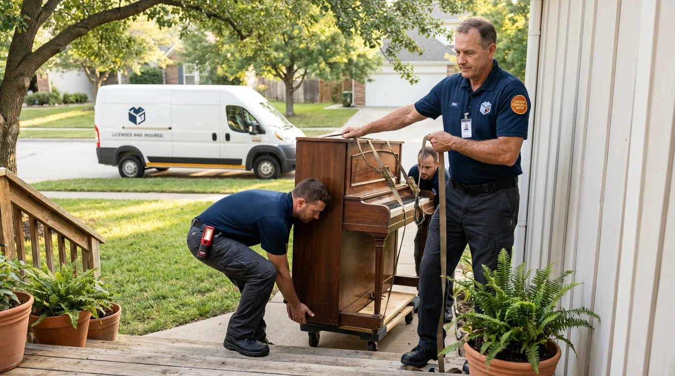 Licensed piano movers securing grand piano in Stevensville, MD