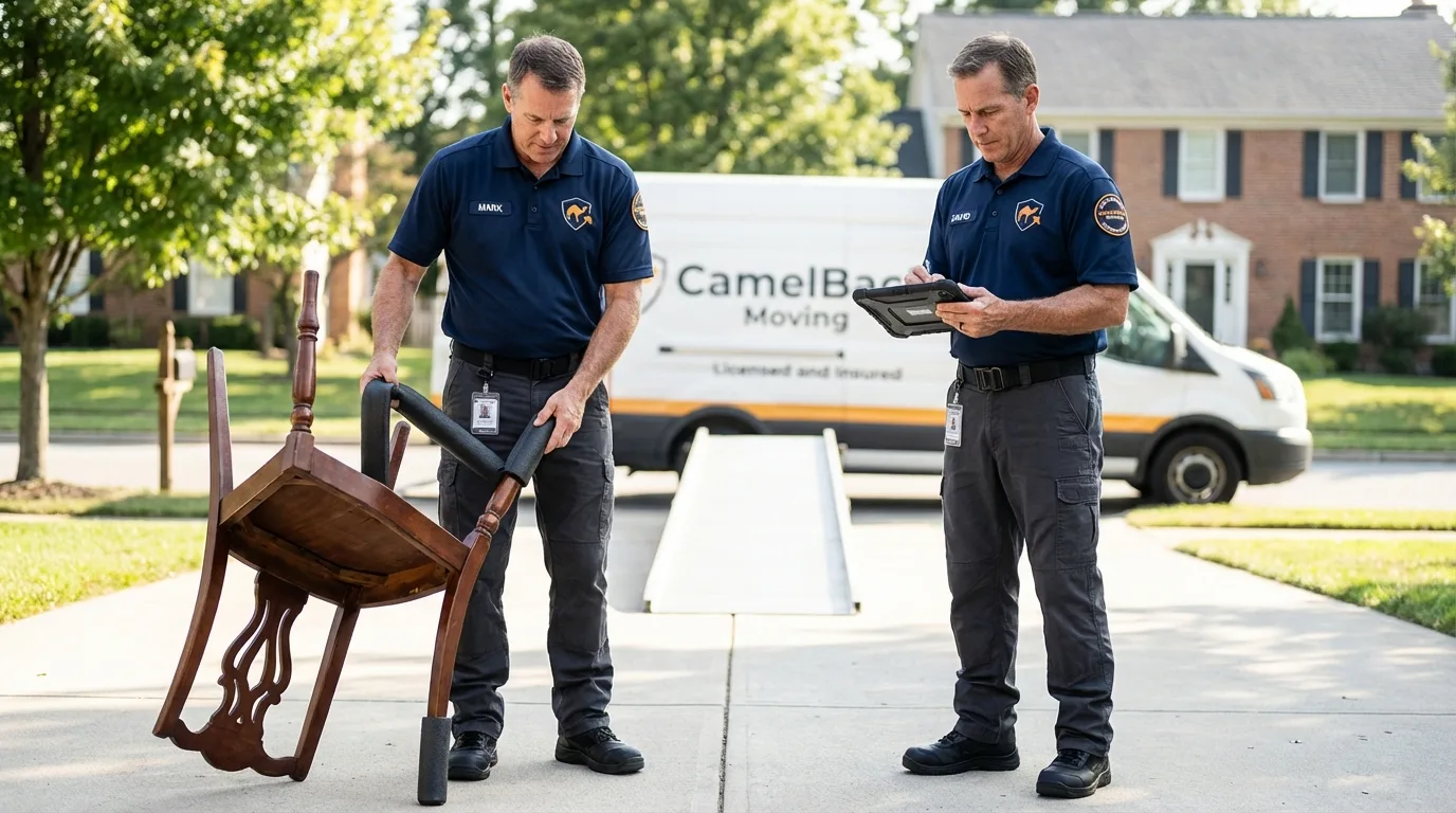 Movers inspecting furniture for damage prevention before loading in Stevensville, MD