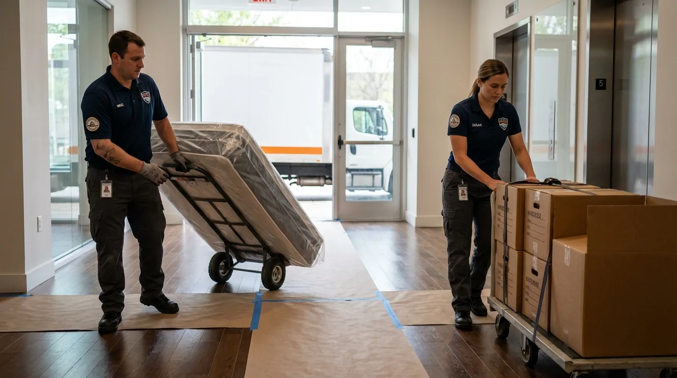 Professional apartment movers loading elevator in Stevensville, MD